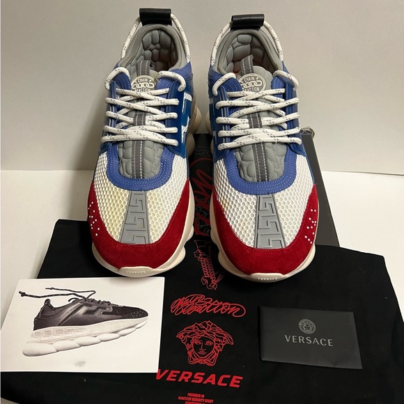 Versace Chain Reaction Platform Low Top Sneakers Blue Red Size 9.5 42.5 Repl Box - Picture 2 of 12